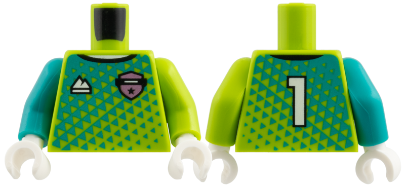 Torso Jersey, Dark Turquoise Triangles, Metallic Pink Badge, White Sports Mountain Logo and 1 on Back Pattern / Lime Arm Left / Dark Turquoise Arm Right / White Hands