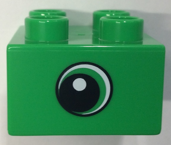 Duplo, Brick 2 x 2 with Circled Black Eye Small with Crescent and White Pupil Pattern on Both Sides