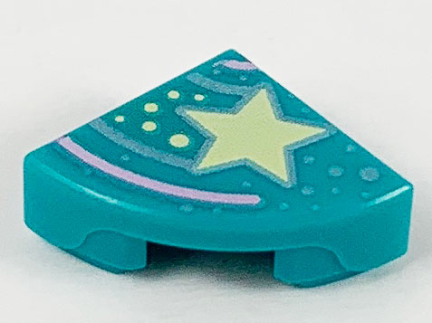 Tile, Round 1 x 1 Quarter with Bright Light Yellow Star and Spots, Bright Pink and Metallic Light Blue Lines Pattern
