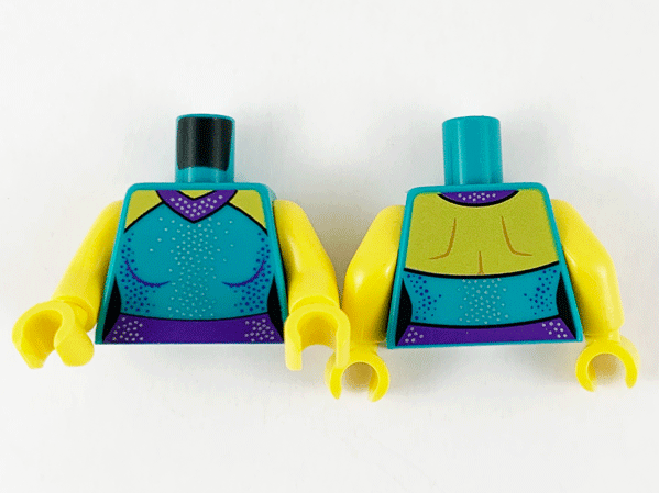 LEGO onderdeel Torso Female Outline Dress, Yellow Shoulders, Dark Purple Collar and Belt, Silver and Dark Purple Dots Pattern / Yellow Arms / Yellow Hands 973pb4142c01