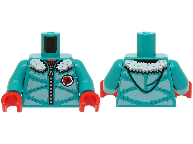 Torso Winter Jacket Padded with Hood, Metallic Light Blue Panels, Zipper and White Fur Lining Pattern (BAM) / Dark Turquoise Arms / Red Hands