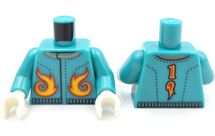LEGO part Torso Jacket with Black Stitching, Yellow, Orange and Red Flames, Number 1 on Back Pattern (BAM) / Dark Turquoise Arms / White Hands 973pb6576c01