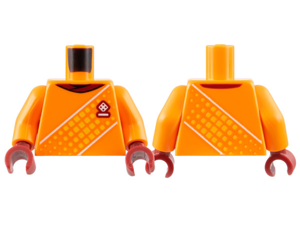 LEGO onderdeel Torso Soccer Uniform, Dark Red Neck, Dice Logo, White and Dotted Yellow Diagonal Stripes Pattern / Orange Arms / Dark Red Hands 973pb4963c01