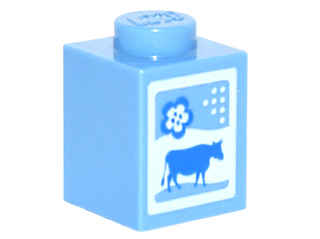 Brick 1 x 1 with Blue Cow and Flower on White Background Pattern (Milk Carton)
