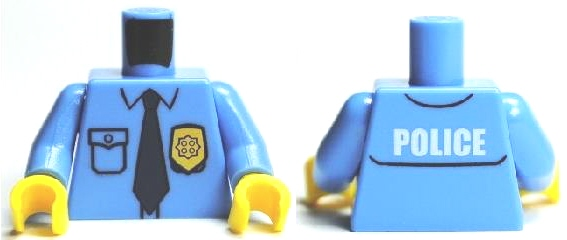 Torso Police Shirt with Gold Badge, Dark Blue Tie and 'POLICE' Pattern on Back / Medium Blue Arms / Yellow Hands