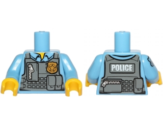 Torso Police Shirt with Dark Bluish Gray Vest, Gold Badge, Zipper and White 'POLICE' Pattern on Back / Medium Blue Arm Left / Medium Blue Arm Right with Star Badge Pattern / Yellow Hands