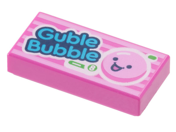 Tile 1 x 2 with Medium Azure 'Guble Bubble', White Number 8 in Green Circle, and Bright Pink Bubble with Face Pattern