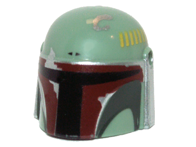 Minifigure, Headgear Helmet with Holes, SW Mandalorian with Dark Green Cheek Indents and Silver Battle Damage - Type 1, Partial Dark Red Visor Outline Right Pattern
