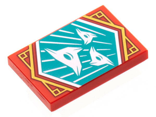 Tile 2 x 3 with White 3-Pointed Shuriken on Dark Turquoise Background with Gold Trim Pattern (Ninjago Surprise Banner)