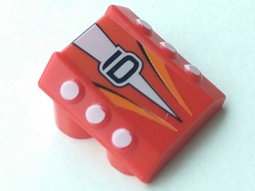 Brick, Modified 2 x 2 No Studs, Sloped with 6 Side Pistons Raised and '6', White Triangle and Orange Stripes Pattern