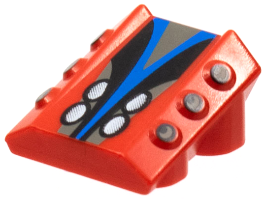 Brick, Modified 2 x 2 No Studs, Sloped with 6 Side Pistons Raised and Silver, Black, and Blue Pattern