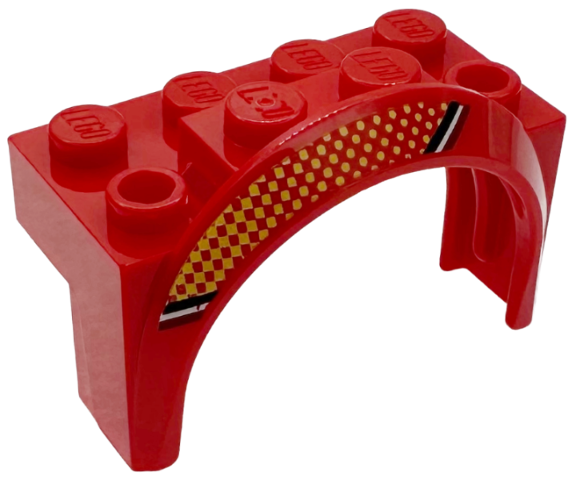 LEGO onderdeel Vehicle, Mudguard 4 x 2 1/2 x 2 with Arch Round with Black, White and Dark Red Stripes, Bright Light Orange Dots and Checkered Pattern Model Left Side 3387pb01L
