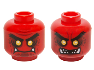 Minifigure, Head Dual Sided Alien Black Eyebrows, Yellow Eyes, Dark Red Spots, 2 Fangs, Closed Mouth / Open Mouth Teeth Pattern