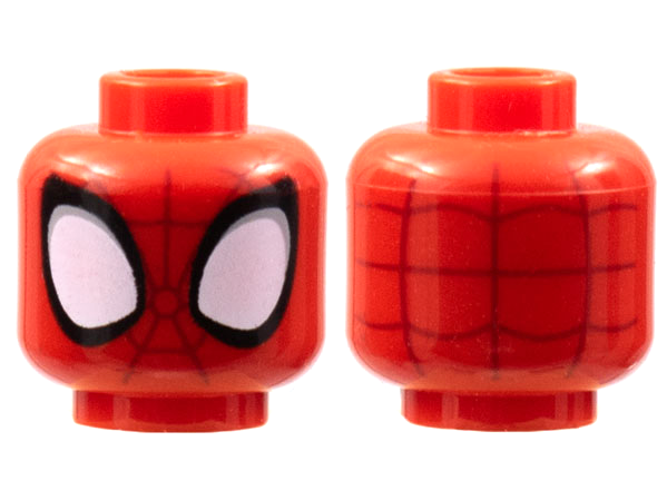 Minifigure, Head Alien with Spider-Man Dark Red Webbing, Large White Eyes with Light Bluish Gray Edges and Black Borders Pattern - Hollow Stud
