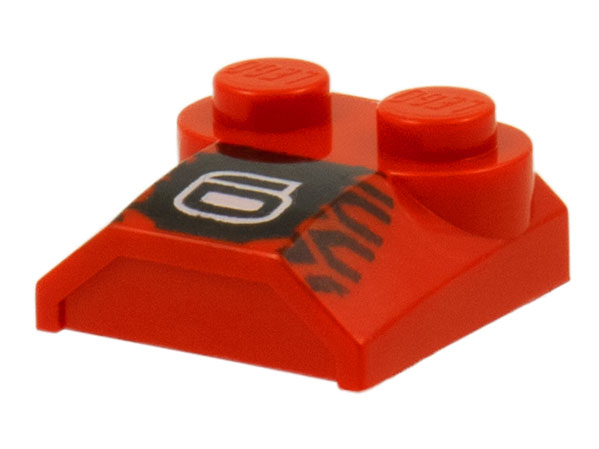 Slope, Curved 2 x 2 x 2/3 with 2 Studs and Curved Sides, Lip End with '6' and Black Tire Tread Pattern