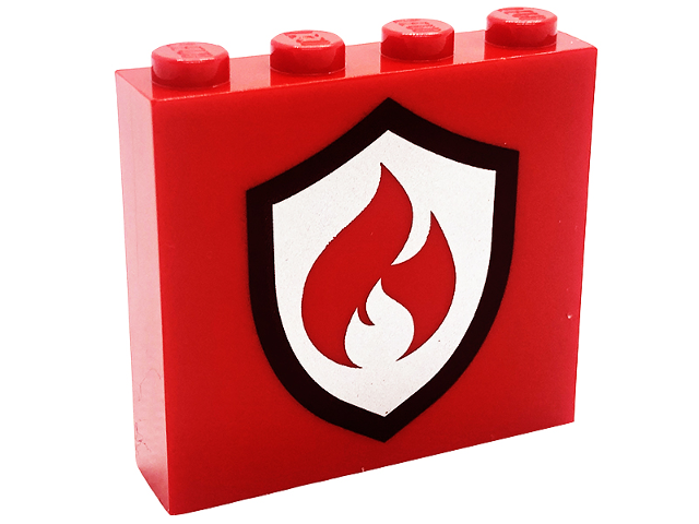 Brick 1 x 4 x 3 with Black and Silver Fire Logo Badge Pattern