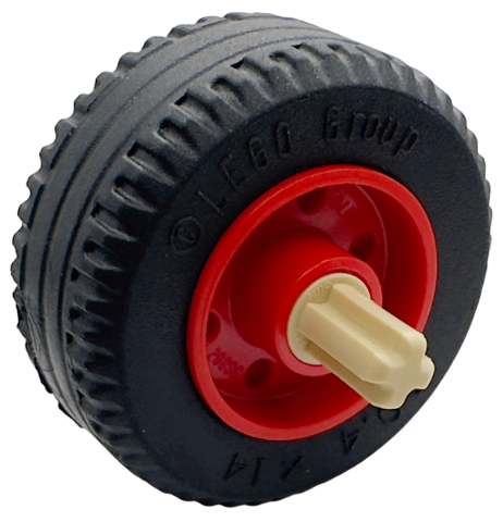 Wheel 18mm D. x 14mm with Pin Hole, Fake Bolts and Shallow Spokes with Black Tire 30.4 x 14 Solid with Tan Technic, Axle 1L with Pin without Friction Ridges (55981 / 58090 / 3749)