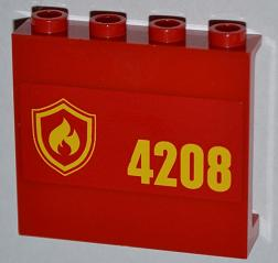 Panel 1 x 4 x 3 with Side Supports - Hollow Studs with Yellow and Red Fire Logo Badge and '4208' on Right Pattern (Sticker) - Set 4208