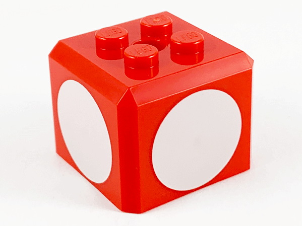 LEGO part Brick, Modified Cube, 4 Studs on Top with White Circle Pattern on All Sides (Super Mario 1-Up Mushroom / Super Mushroom / Toadette Cap) 66855pb01