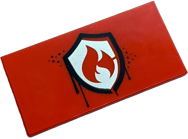 Tile 2 x 4 with Lopsided Silver Fire Logo Badge with Black Border Dripping Paint Pattern