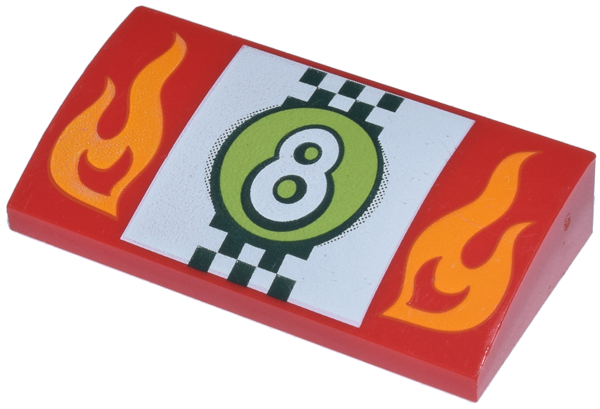 Slope, Curved 2 x 4 x 2/3 with Bottom Tubes with Orange Flames, White Number 8 in Lime Circle over Checkered Flag Pattern