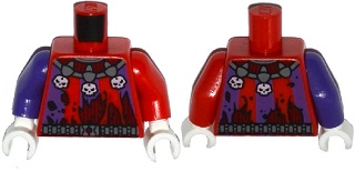 Torso Nexo Knights Tattered Shirt, Dark Bluish Gray Belt, Jester's Collar with Skulls Pattern / Red Arm Left / Dark Purple Arm Right / White Hands
