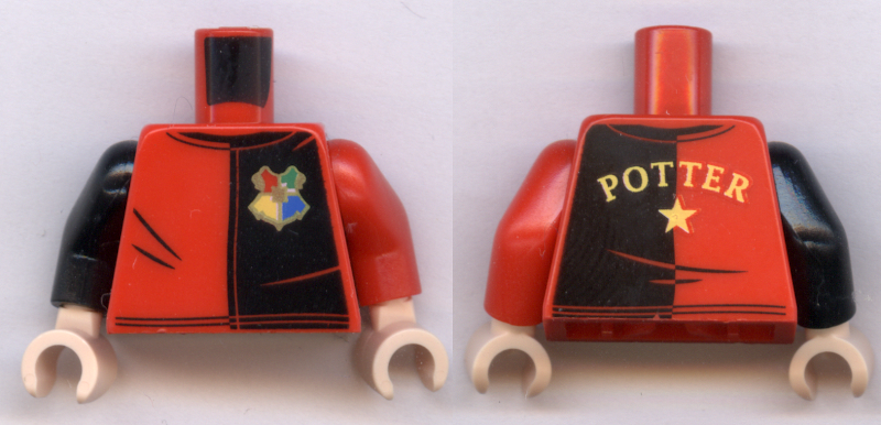 LEGO part Torso Black and Red Shirt with Hogwarts Emblem and 'POTTER' on Back Pattern / Red Arm Left / Black Arm Right / Light Nougat Hands 973pb3618c01