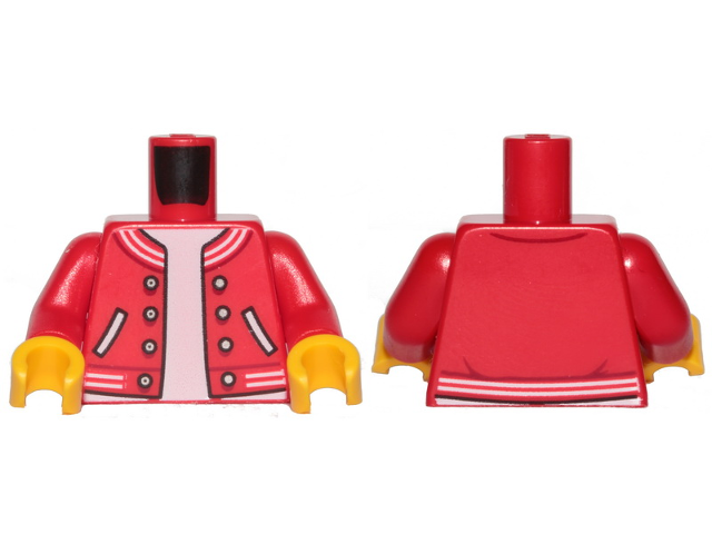 Torso Letterman Jacket with Striped Trim, Pockets, and Silver Buttons over White Shirt Pattern / Red Arms / Yellow Hands