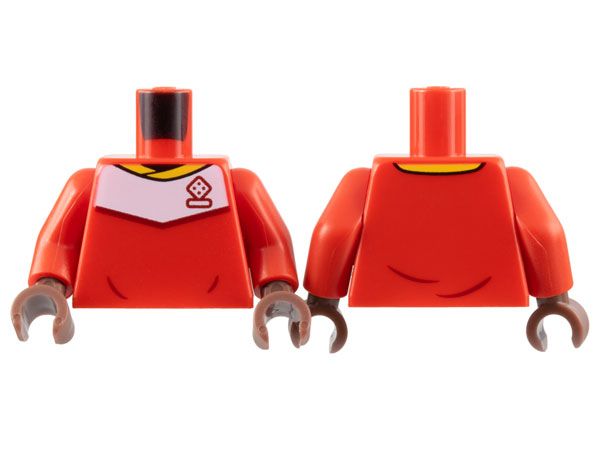 LEGO part Torso Soccer Uniform, Yellow Collar, White Shoulder Panel, Dark Red Dice Logo Pattern / Red Arms / Medium Brown Hands 973pb4961c02
