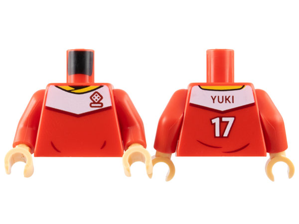 LEGO part Torso Soccer Uniform, Yellow Collar, White Shoulder Panel, Dark Red Dice Logo, 'YUKI 17' on Back Pattern / Red Arms / Medium Tan Hands 973pb5231c01
