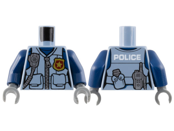 Torso Female Police Flak Vest Closed with Silver Zipper and Gold Badge over Dark Blue Shirt, Radio, Canteen, White 'POLICE' on Back Pattern / Dark Blue Arms / Dark Bluish Gray Hands