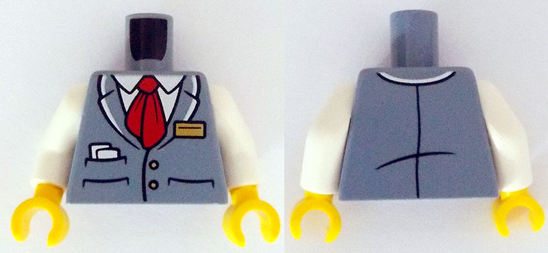 LEGO onderdeel Torso Vest with Buttons and Pockets over White Shirt, Red Tie, Gold Name Badge, Papers Pattern / White Arms / Yellow Hands (973pb5750c01)