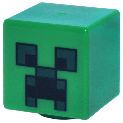 Minifigura, Testa, Cubo Modificato con Motivo Occhi Neri e Verde Scuro Pixelati e Bocca Aperta Accigliata (Minecraft Creeper)