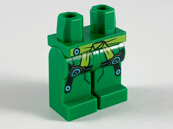 LEGO part Hips and Legs with Lime Tied Sash, Black Knee Straps with Medium Azure Circles Pattern 970c00pb1057