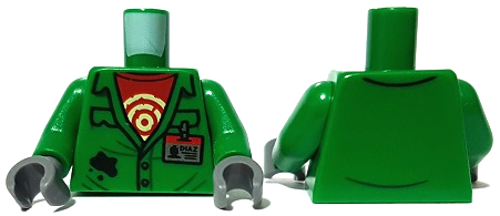 LEGO part Torso Coveralls with Pockets, Red Undershirt with Circles, Silver 'DIAZ' ID Badge, Black Splotch Pattern / Green Arms / Dark Bluish Gray Hands 973pb3622c01