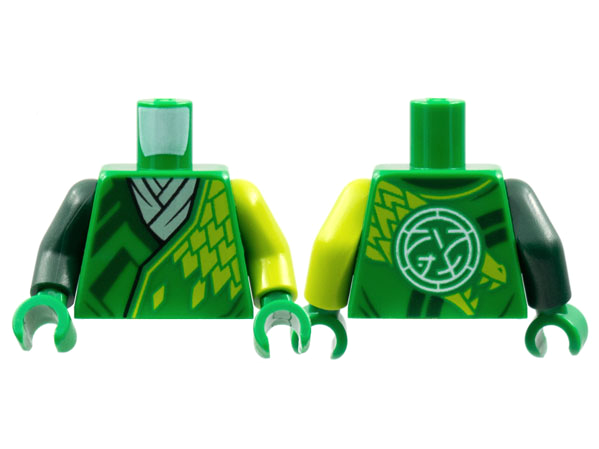 LEGO part Torso Tunic White Scarf, Dark Green Trim, Lime Dragon Scales, Core Logo on Back Pattern / Lime Arm Left / Dark Green Arm Right / Green Hands 973pb4555c01
