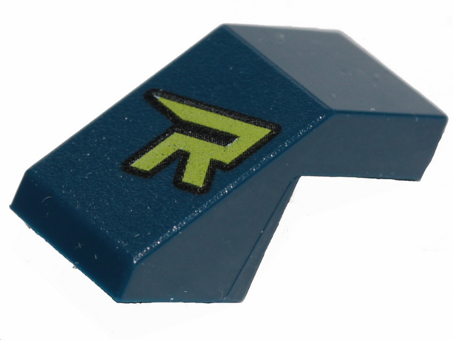 Slope 45 2 x 1 with Cutout without Stud with Stylized Lime Capital Letter R Pattern