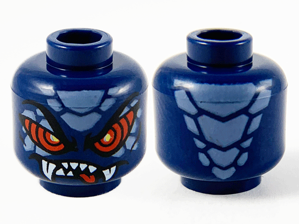 Minifigure, Head Alien Sand Blue Scales, Large Red Eyes, Sharp Teeth and Fangs Pattern - Hollow Stud