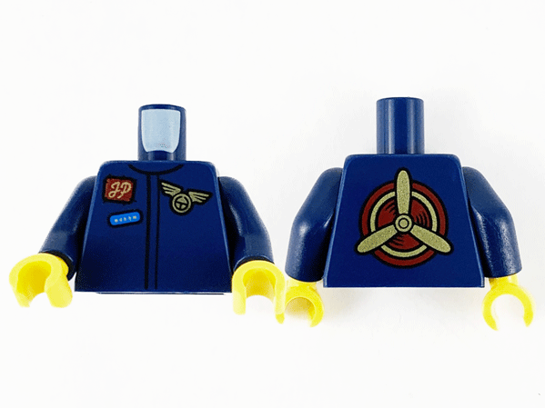 LEGO part Torso Jumpsuit, Reddish Brown Namebadge with Gold 'JP', Gold Wings Badge and Blue Patch Pattern / Dark Blue Arms / Yellow Hands 973pb4139c01