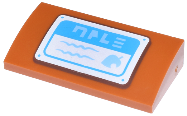 Slope, Curved 2 x 4 x 2/3 with Bottom Tubes with White and Dark Azure Sign with Medium Blue Text and Leaf Pattern (Animal Crossing Drop-Off Box)