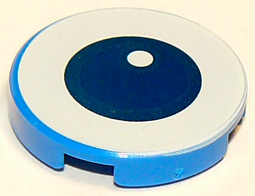 Tile, Round 2 x 2 with Bottom Stud Holder with Dark Blue Eye on White Background Pattern (Toy Story RC)