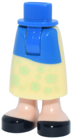 Mini Doll Hips and Bright Light Yellow Skirt Long with Molded Light Nougat Legs / Boots and Printed Blue Apron, Yellowish Green Flowers and Black Shoes Pattern - Thick Hinge