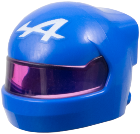 Minifigure, Headgear Helmet Formula One with Molded Trans-Dark Pink Visor and Printed Alpine Logo Stylized White Capital Letter A Pattern
