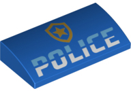 Slope, Curved 2 x 4 x 2/3 with Bottom Tubes with Bright Light Blue and White 'POLICE' and Gold Star Badge Logo Pattern