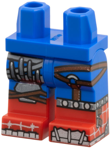 LEGO part Hips and Legs with Molded Red Lower Legs / Boots and Printed Asymmetric Silver Armor, Light Bluish Gray Webbing and Reddish Brown Straps Pattern 970c00pb1823