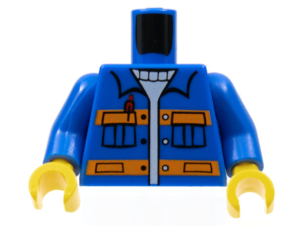 Torso City Jacket with Pockets & Pen over Sweater, Orange Stripes Pattern / Blue Arms / Yellow Hands
