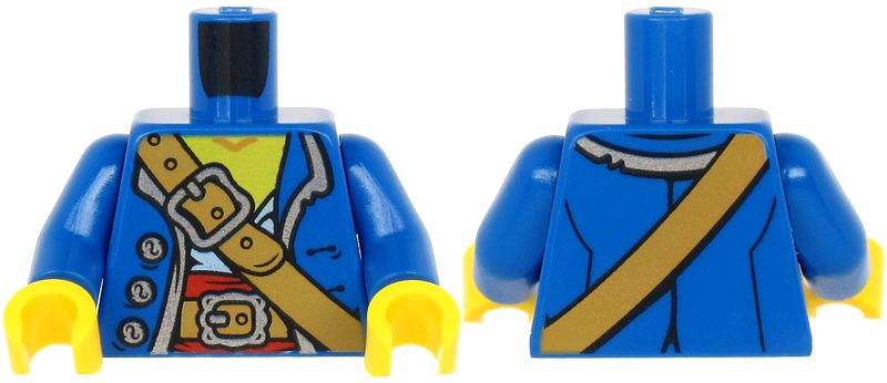Torso Pirate Coat Open with Silver Buttons and Trim over White Shirt and Red Sash, Medium Nougat Belts with Buckles, Yellow Neck Pattern / Blue Arms / Yellow Hands
