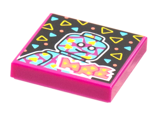 Tile 2 x 2 with BeatBit Album Cover - Minifigure on Black Background with Medium Azure and Yellow Triangles Pattern
