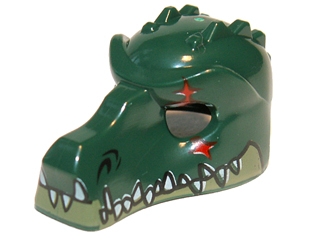 Minifiguur, Kopbedekking Masker Krokodil met Olijfgroene Onderkaak, Witte Tanden en Rood Littekenpatroon