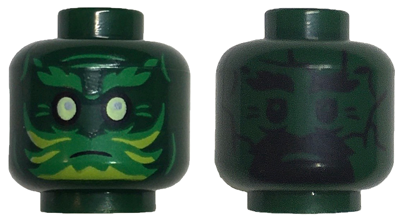 Minifigure, Head Dual Sided Green Eyebrows and Face Paint with Lime Highlights, Yellowish Green Eyes / Black Eyebrows, Goatee, and Eyes Pattern - Vented Stud